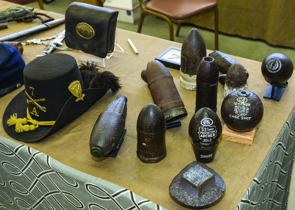 Nick Periut’s assortment of artillery projectiles and uniform gear. He owns Army of Tennessee Relics in Knoxville, Tenn.