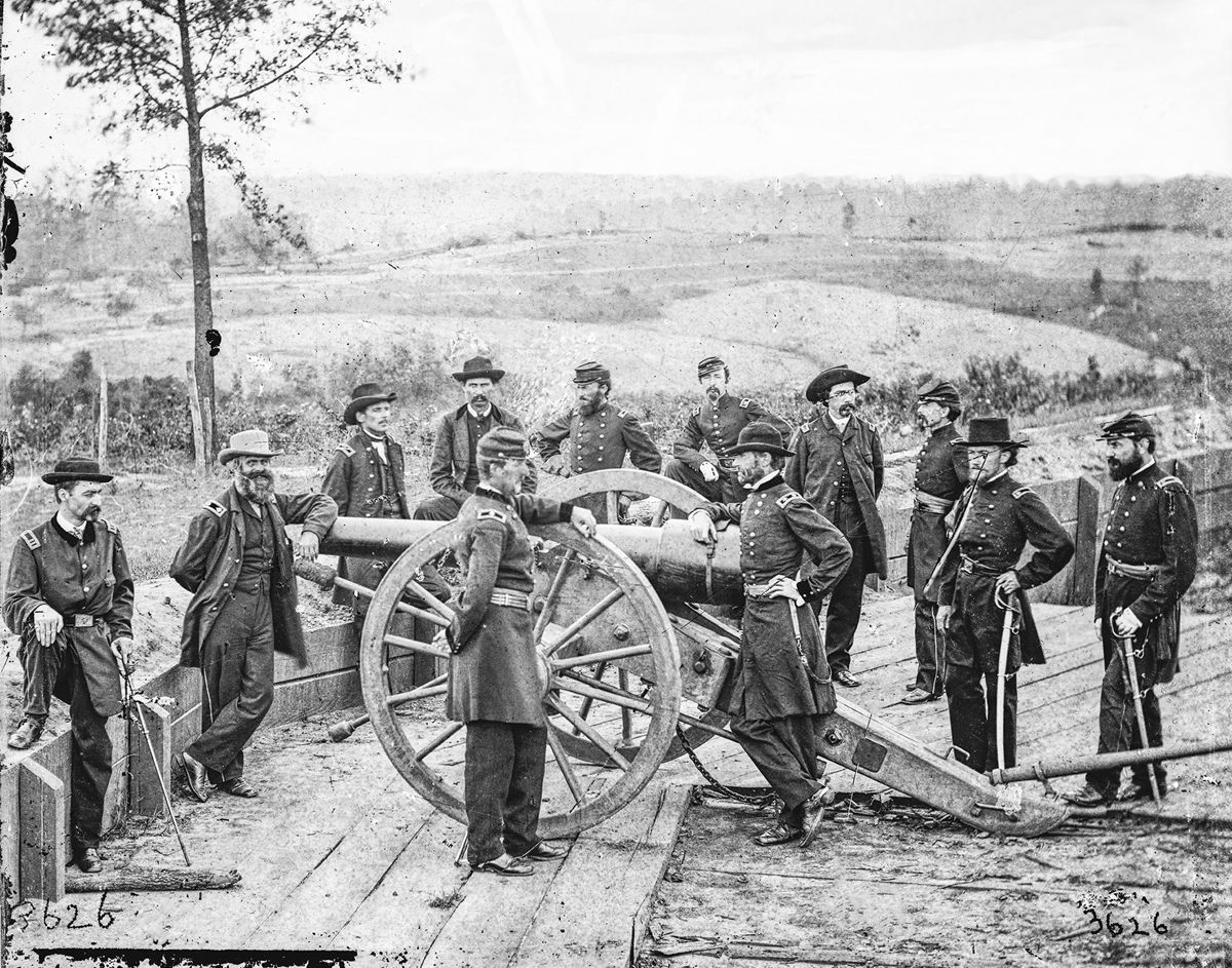 General Sherman and staff officers in occupied Atlanta. In late September 1864 Barnard photographed Sherman and officers in a former Confederate fort which had been remodeled by Union