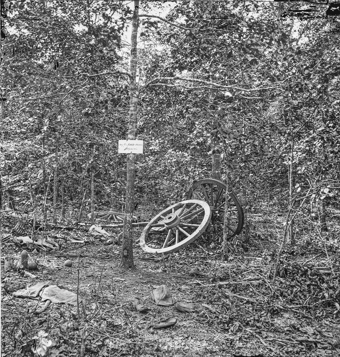 Scene of General McPherson’s death. Photograph taken in September 1864 by George Barnard. Artillery projectiles still litter the area. Federal officers in the Army of the Tennessee during their occupation of the city returned to this site and marked it with the sign attached to the tree: “Maj. Gen. J. B. McPherson