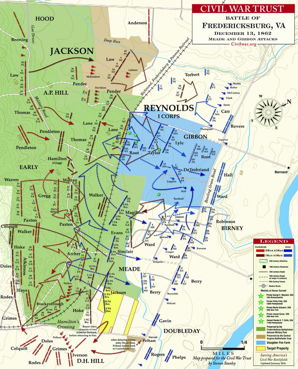 The Battle of Fredericksburg target properties are in yellow, in the foreground. The blue is Slaughter Pen Farm. National Park Service property is in green. Central Virginia Battlefields Trust saved the brown tract at center top.