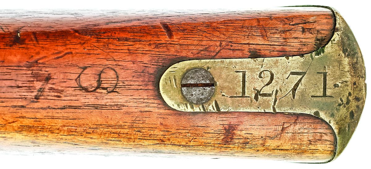 Detail of engraved Confederate inventory number on the buttplate tang and the Scott & Son furnisher mark on the comb