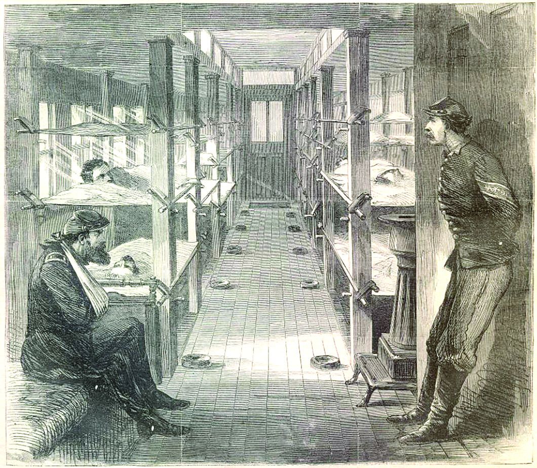 THE INTERIOR OF A HOSPITAL CAR.—[SKETCHED BY MR. THEODORE R. DAVIS.] Engraving from Harper’s Weekly,