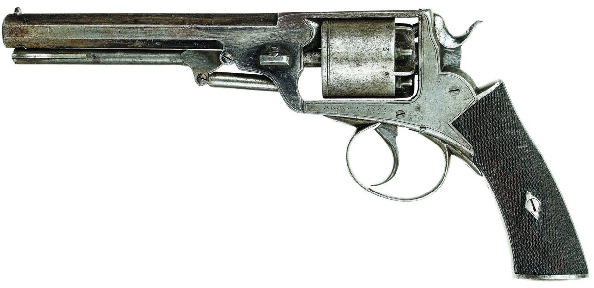Overall view of Webley Wedge Frame revolver #1671, retailer marked J ADAMS LONDON on the top strap. Note the Kerr style, frame mounted loading lever and that the wedge enters the frame from the right-hand side to avoid interfering with the loading lever plunger. (All photos by Tim Prince)