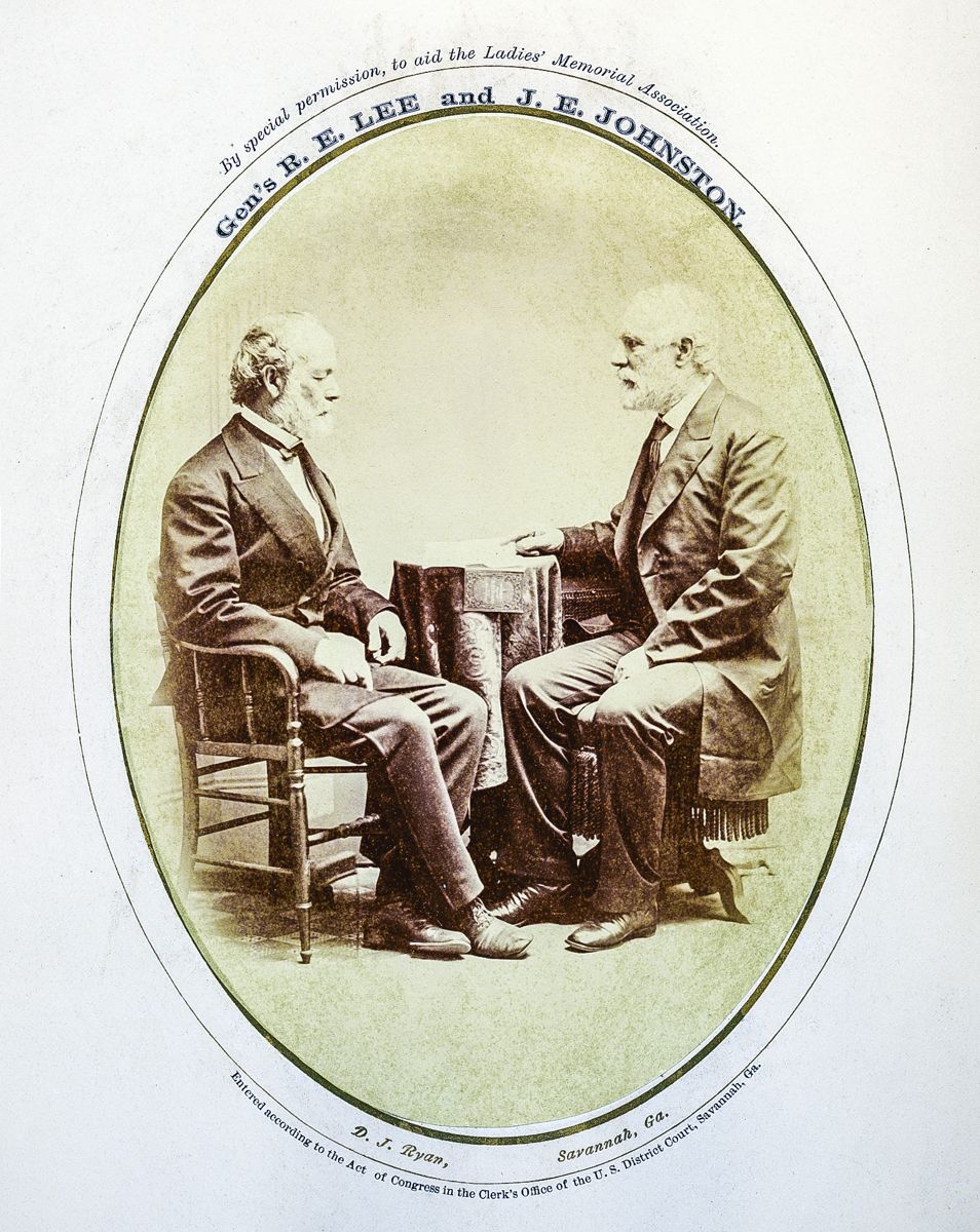 In the spring of 1870, Lee went on what proved to be his final tour of the South. While in Savannah he posed with Joseph Johnston for a series of formal portraits. After Lee’s death, copies of this photograph were sold to raise money for the Lee monument in Richmond.