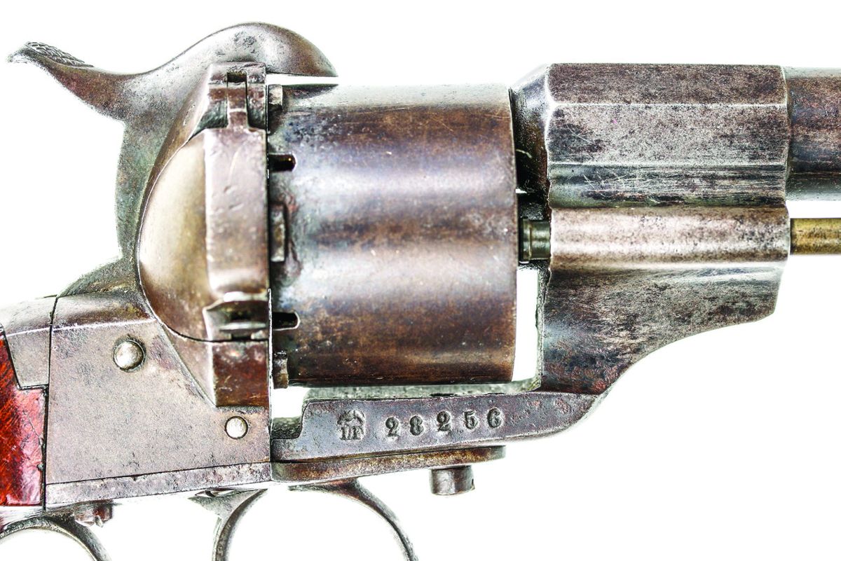 Right side of the frame of Lefaucheux made M-1854 #28256. Note the “LF” Lefaucheux maker’s mark on the frame, which is not present on the Belgian examples. Belgian guns are typically serial numbered on the opposite side of the frame.