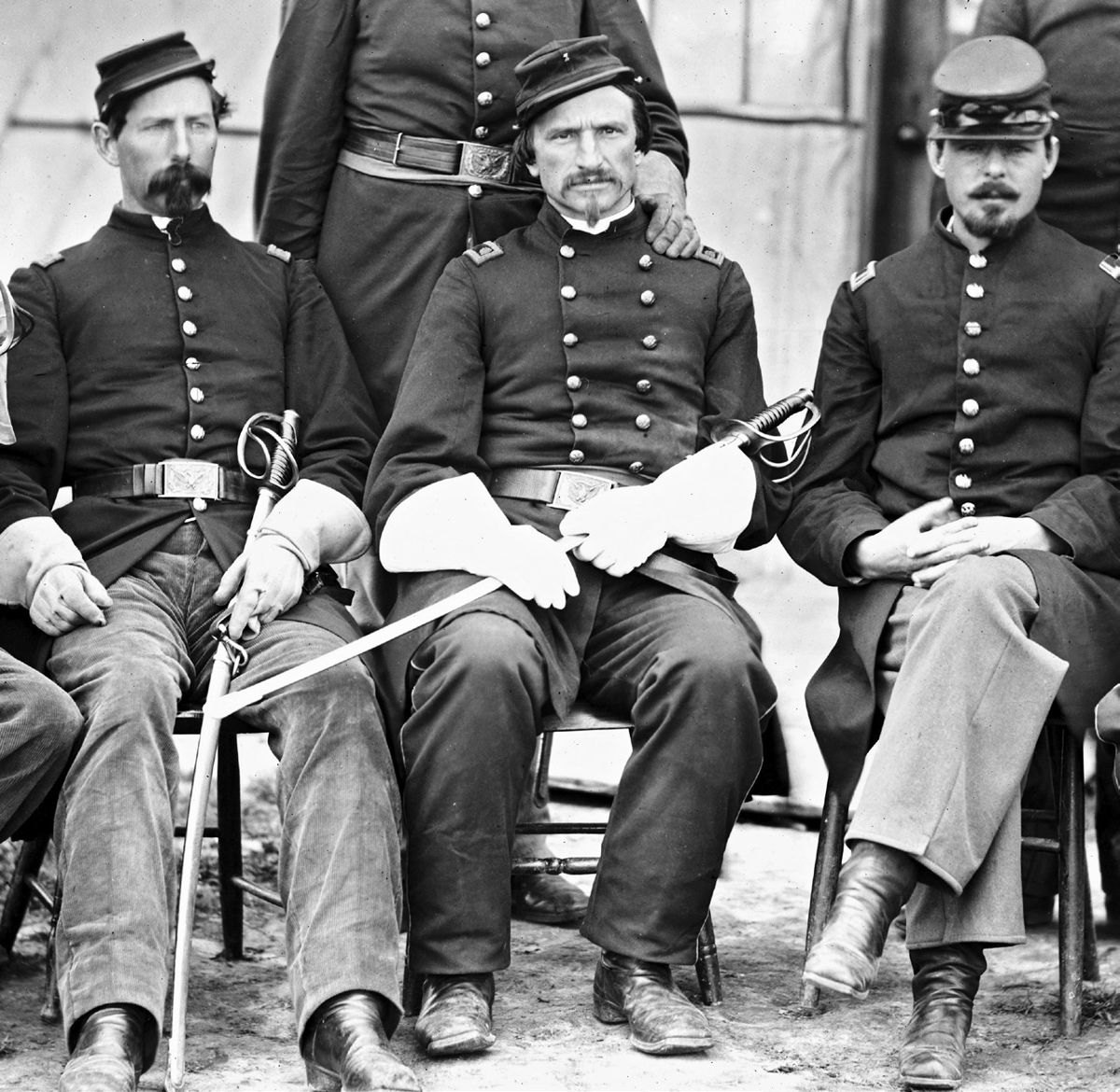 Maj. Henry W. Sawyer, middle, and staff at Camp Stoneman. (Library of Congress)