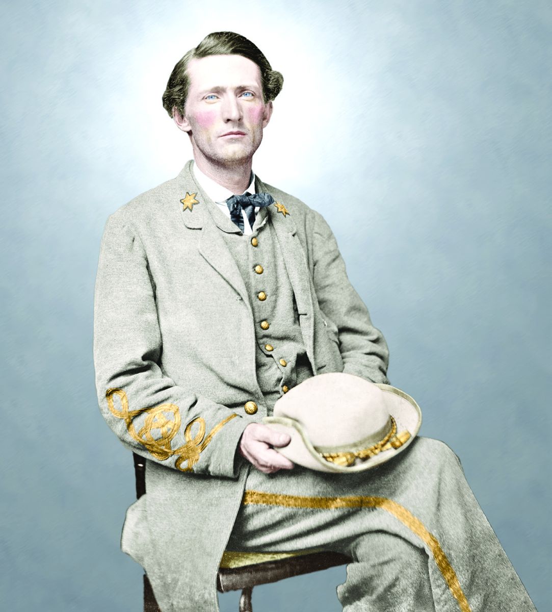John Singleton Mosby, better known as the Gray Ghost, is remembered best for the tactics that he brought to the Civil War. Colorization © 2015 civilwarincolor.com courtesy civilwarincolor. com/cwn (Library of Congress)