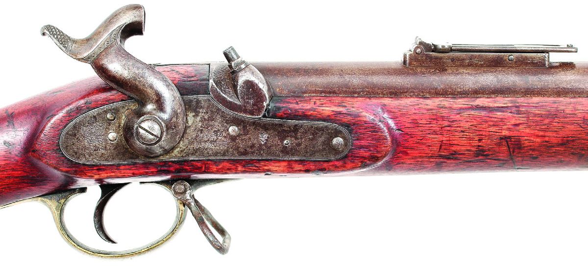 Lock of a P1851 Minié Rifle, marked “1852” over “Tower”, with Crown-broad arrow British military inspection mark, as well as a Crown/VR mark at the rear of the lock. The P1851 is one of the few Civil War imported English arms that should be encountered with British military inspection and ownership markings.