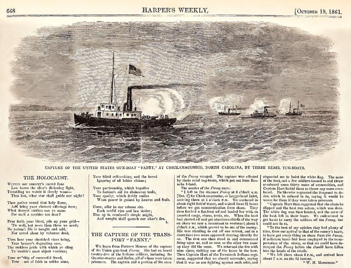“Capture of the United States Gun-boat “Fanny,” at Chickamacomico, North Carolina, by three (Published in Harper’s Weekly, Oct. 19, 1861)
