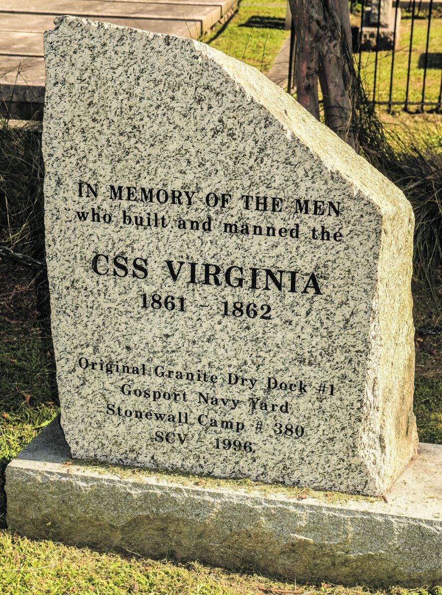 This granite marker in Cedar Grove Cemetery marks the burial site of some of the crew of the CSS Virginia. The marker was made from granite taken from Drydock #1 at the Norfolk Naval Shipyard in Portsmouth where the CSS Virginia was constructed. (Photos by Bob Ruegsegger)