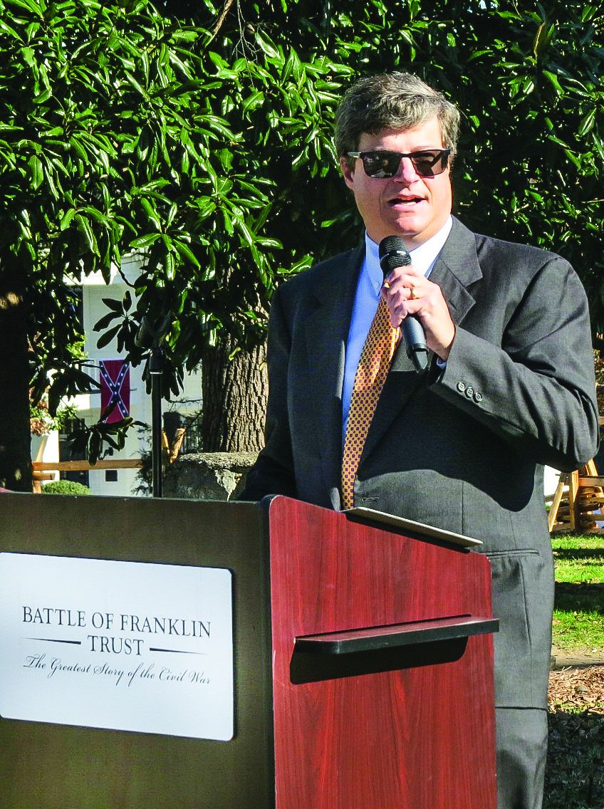 Patrick McIntyre of the Tennessee Historic Commission speaks at the farm house dedication.
