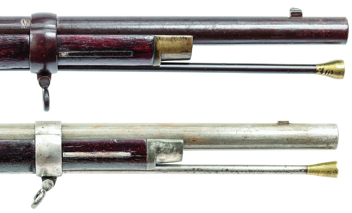 ramrods found with Whitney Enfield Rifle Muskets. Note the use of a brass nose cap on the upper example, with the upper rod being the “tulip shaped” version similar to U.S. M1855-61- 63 pattern rods. The lower example has a “white metal” nose cap, with the lower rod showing a tip closer to the shape of the M1841 “Mississippi Rifle” ramrod.