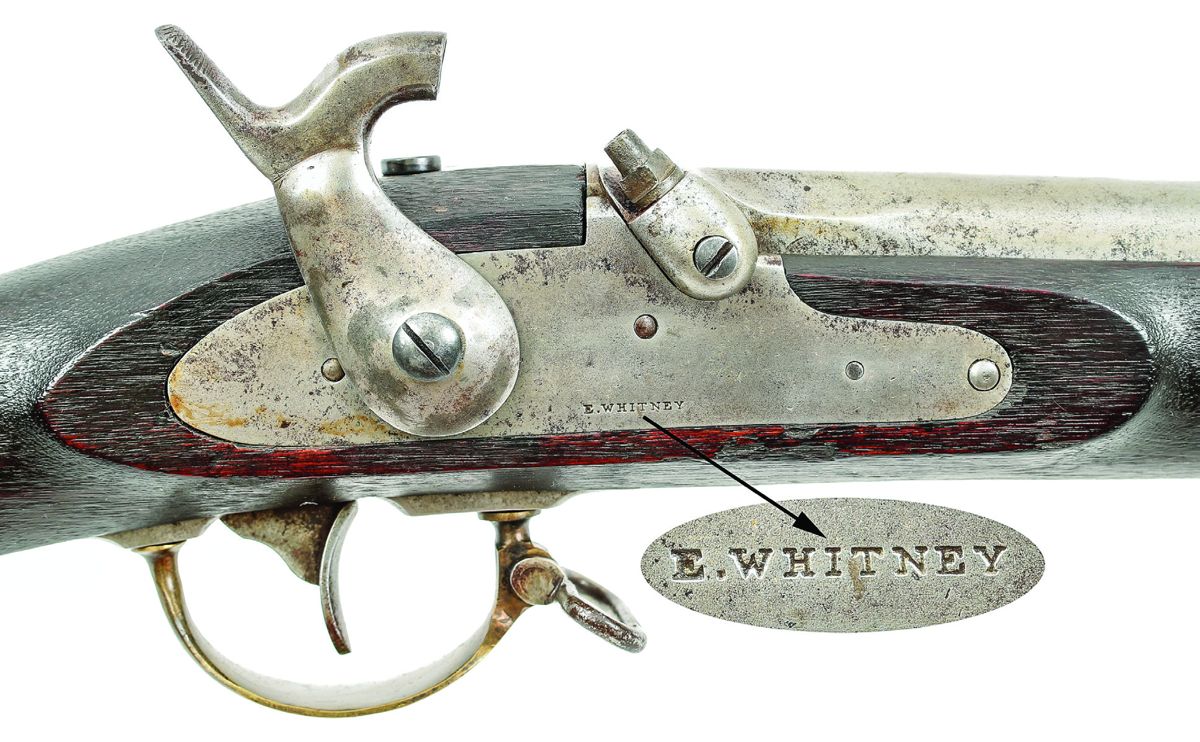 Close up of Whitney Enfield Rifle Musket lock with standard lock markings.