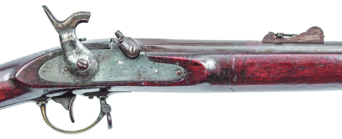 Whitney Enfield Rifle Musket, showing the lock and long-base “1855” rear sight on a rare blued example.