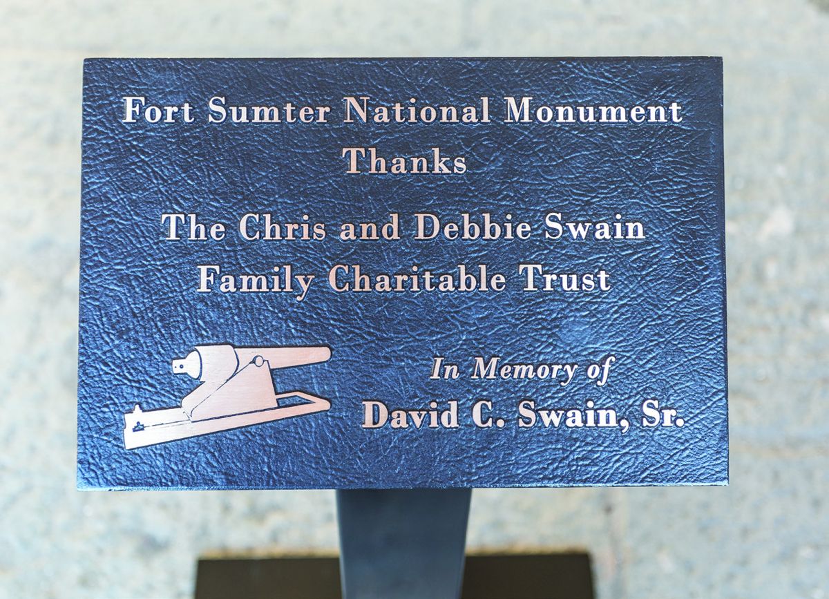 The plaque as requested by major donors Chris and Debbie Swain to honor Chris’ father. The mobile plaque will be strategically placed as the preservation work continues before being permanently placed in the museum at Fort Sumter.