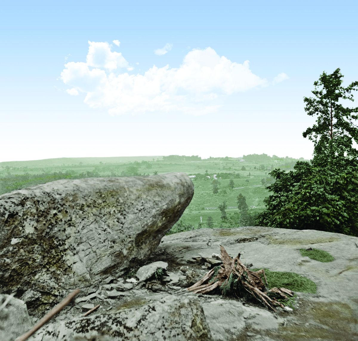 The center of the Federal position viewed from Little Round Top, Gettysburg, Penn.; July 1863, Colorization © 2018 civilwarincolor.com courtesy civilwarincolor.com/cwn (Library of Congress)