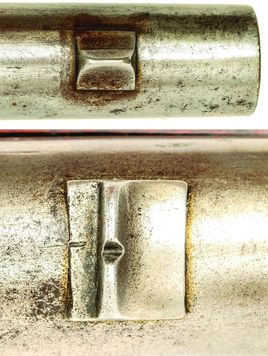 Close up of the crude, fixed rear sight and pinched front sight found on Bilharz carbines.