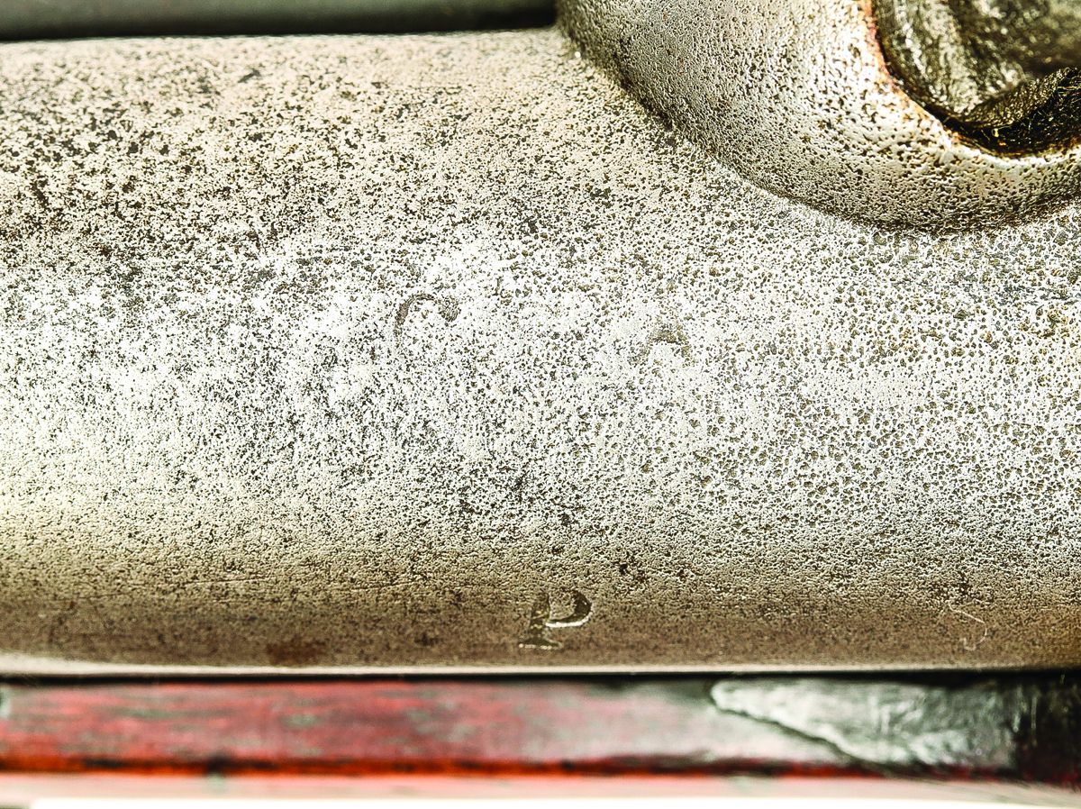 Bilharz carbine breech showing the CSA / P proof markings. The “S” in “CSA” is weak due to pitting. The “P” is the same type found on Keen, Walker & Co carbine barrels.