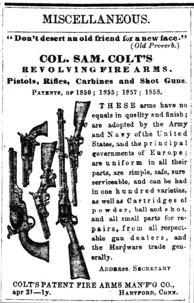 Newspaper advertisement for Colt firearms on June 5, 1861, in