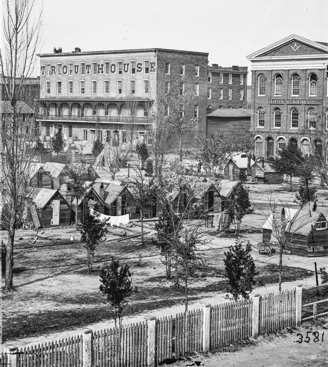 George Barnard photograph of the Trout House, Masonic Hall, and Federal encampment on