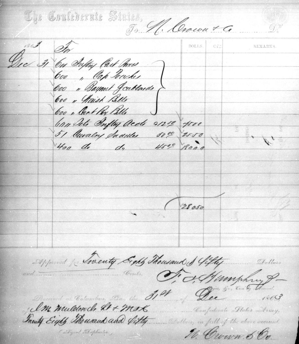 N. Crown & Co. was paid $28,050 on Dec. 31, 1863, for accoutrements delivered to the Confederate States.