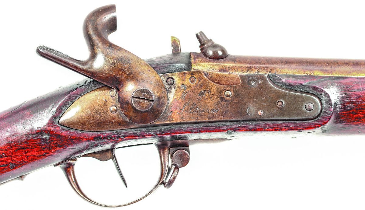 Close up of the lock of a French M1822T bis musket, produced at the Royal Manufactory at St. Etienne.