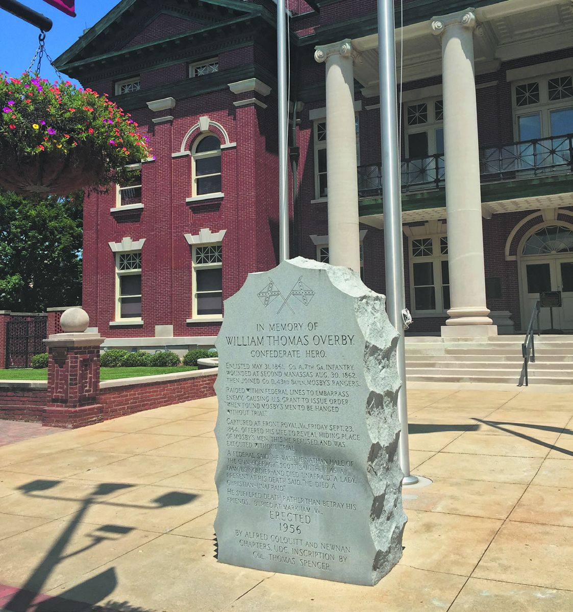 A monument to William Thomas Overby rests in front of the Coweta County Court House in Newnan, Ga. (Kerry Elliott)