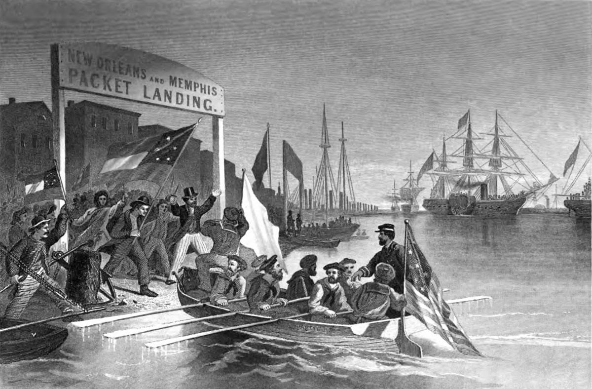 Union sailors land in New Orleans. From Samuel M. Schmucker, The History of the Civil War in the United States (Philadelphia,