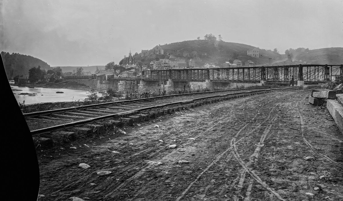 Wartime View of Harpers Ferry and the railroad bridge over the Potomac River.
