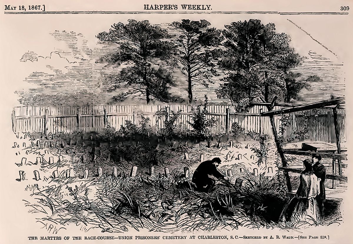 May 18, 1867, Harper’s Weekly, p. 309, is titled “The Martyrs of the Race-Course—Union Prisoners’ Cemetery at Charleston, S.C.—Sketched by A. R. Waud.”