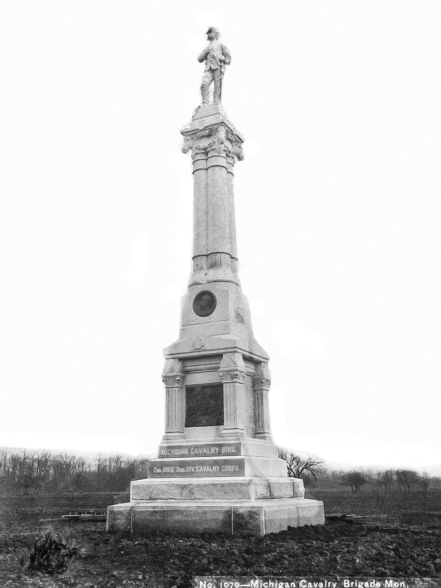 Michigan Cavalry Brigade monument located east of Gettysburg on East Cavalry Battlefield. This monument was dedicated by the State of Michigan on June 12, 1889. (Sue Boardman Collection)