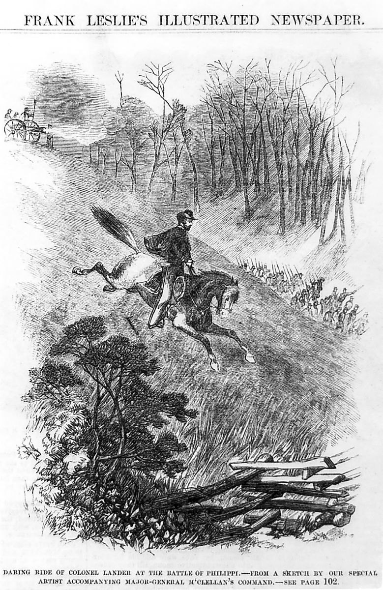 Daring ride on horseback of Colonel Fredrick West Lander at the Battle of Philippi; W.Va., June 3, 1861. Illustrated in: Frank Leslie’s illustrated Newspaper, vol. 12, no. 293 (1861, June 29), p. 106. Library of Congress.