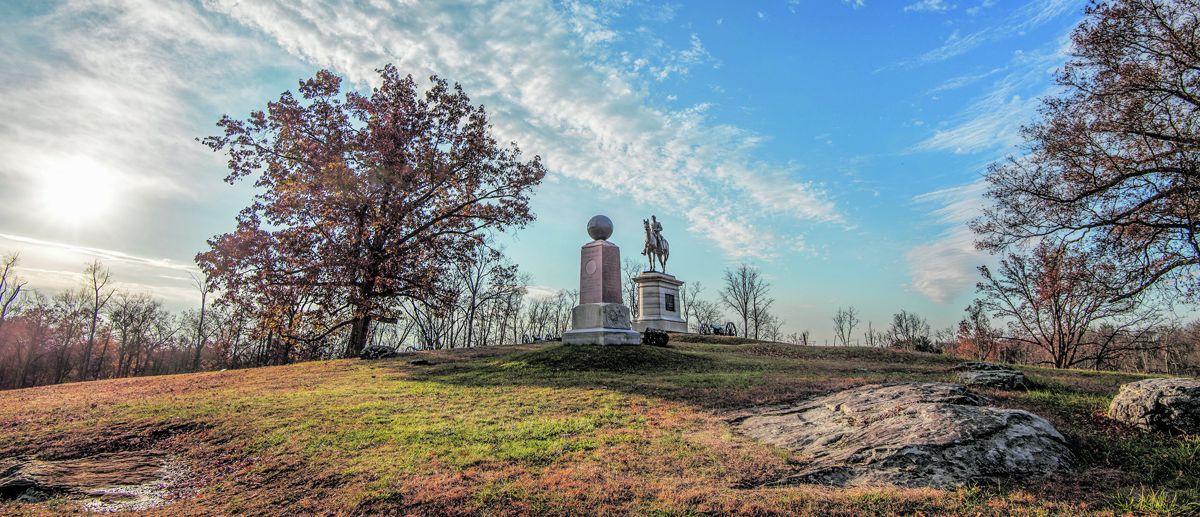 Steven’s Knoll near Culp’s Hill at Gettysburg. Equestrian statue of Maj. Gen. Henry Warner Slocum, U.S.V. on top of the knoll. Photo by Mike Talplacido.