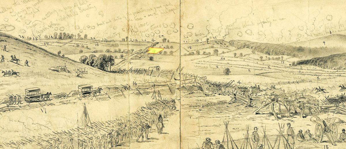 “The Battle of Gettysburg” drawn by Edwin Forbes. The yellow shading at center left marks our target tract. Library of Congress.