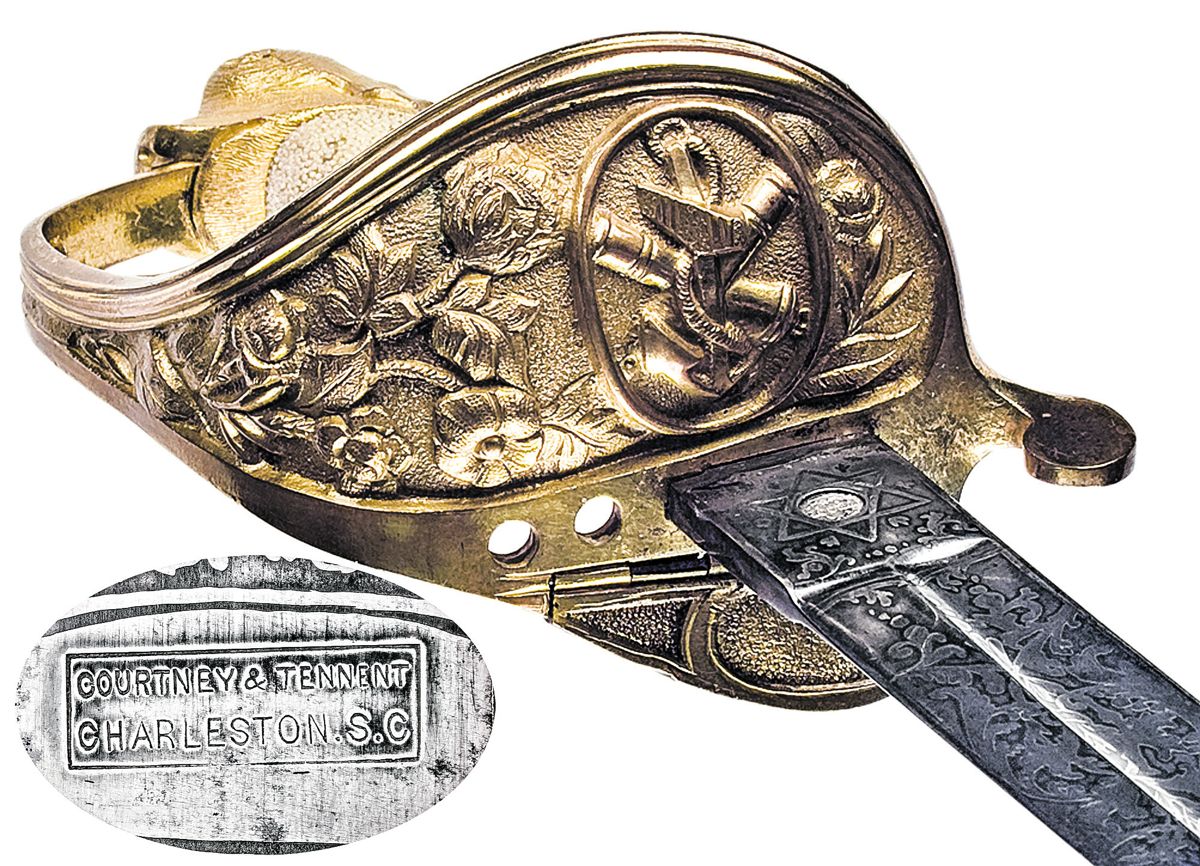 Guard of a Mole made “Dolphin Head” Confederate naval officer’s sword; inset shows the applied Courtney & Tennent mark found on the reverse ricasso. Photos by Jack W. Melton Jr.