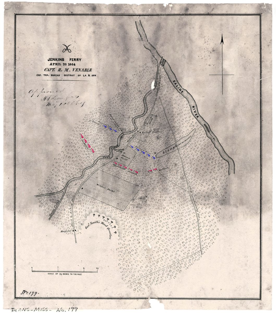Topographical Bureau for the District of West Louisiana and Arkansas, Confederate States Army. Jenkins’ Ferry (map). 2.5 inches=1.0 mile. Map number 199 in the Jeremy Francis Gilmer Papers #276, Southern Historical Collection, Wilson Library, University of North Carolina at Chapel Hill.