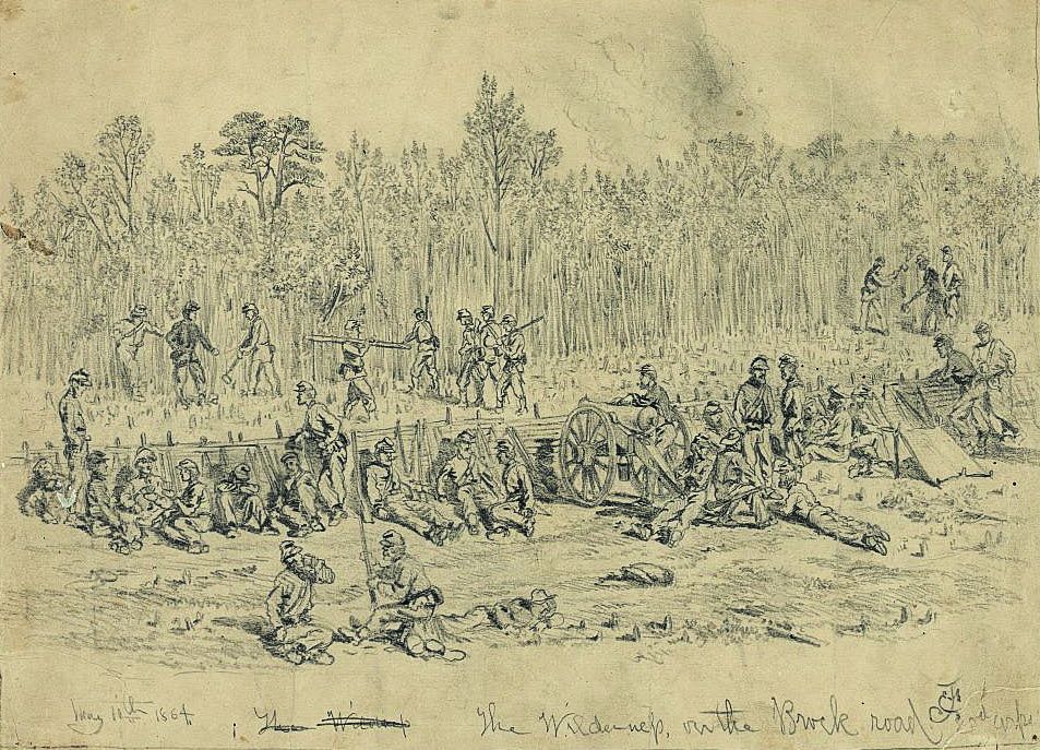 This sketch depicts Union soldiers from the II Corps preparing field works along Brock Road during The Battle of The Wilderness. Library of Congress.