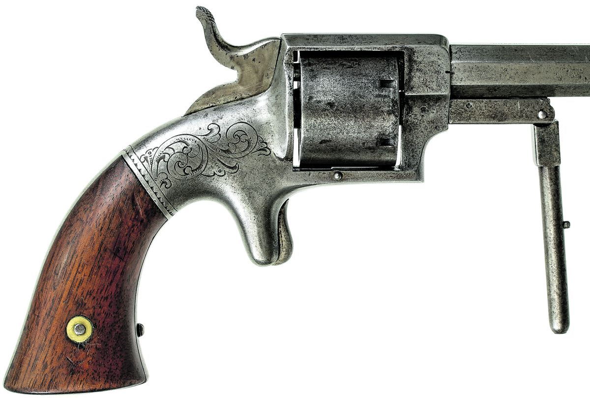 Reverse view of the Bacon 1st Model, 1st Type Navy revolver. Note the simple decorative engraving on the frame behind the recoil shield that was common on the 1st Model guns.