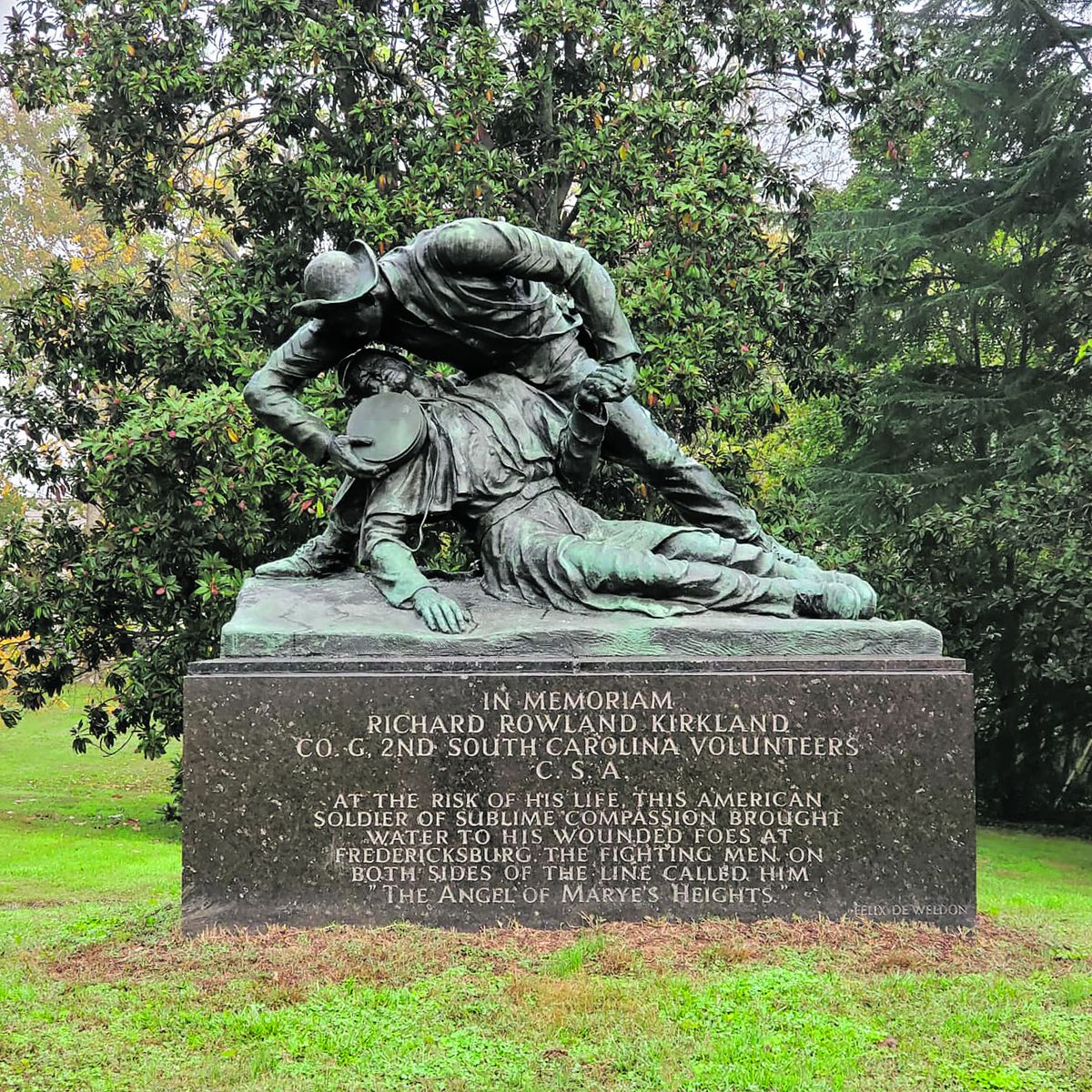 This memorial to Sgt. Richard Kirkland at Fredericksburg battlefield represents the compassion toward the Civil War wounded on the battlefields. When medical personnel could not reach the wounded, soldiers—friend or enemy—provided aid that could mean the difference between life and death.