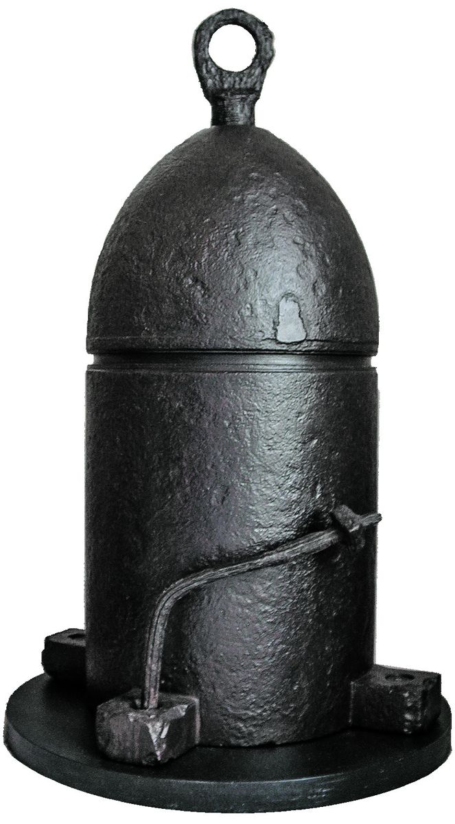 Confederate frame torpedo with lifting eye and one remaining wrought iron bolt for attaching it to the underwater wooden frame. This torpedo was recovered in Virginia.