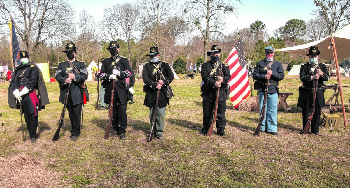 3rd U.S. “Buffsticks” in masks as part of the COVID protocol during Military Through the Ages at Jamestown Settlement (left to right) Geoff White, Neil Burke, Bob Elkins, Patrick Neal, Barney Mahaney, Sean Marcum, and Neil Carmichael.