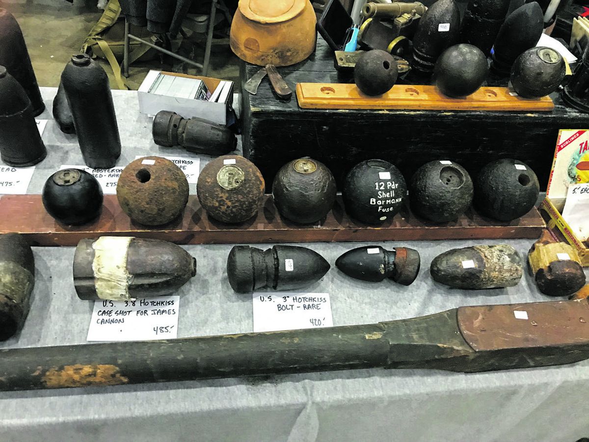 Civil War artillery is always a draw at antique militaria shows. Several table displays exhibited projectiles from that era.