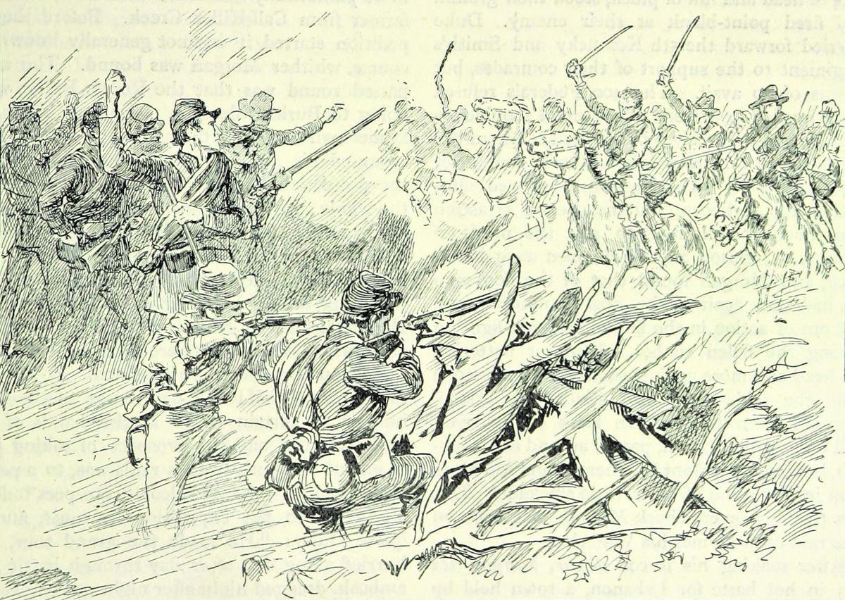 Soldiers of the 25th Michigan Infantry repulse John Hunt Morgan’s cavalry on 4 July 1863 at the Battle of Tebbs Bend.