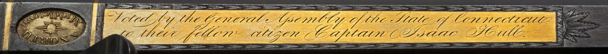 An inscription on the underside of the pistols reads: “Voted by the General Assembly of the State of Connecticut/ to their fellow citizen Captain Isaac Hull.”