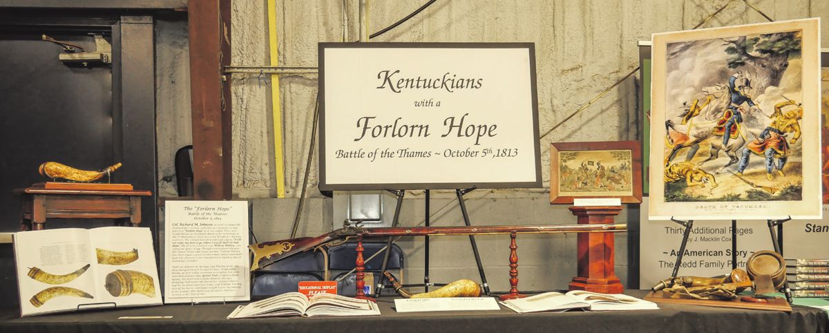 Kentuckians with a Forlorn Hope: Battle of the Thames, won 3rd Place Educational Award 2022 (The story of the reunification of the Garrett Wall powder horn and rifle). From the collection of Mel Hankla.