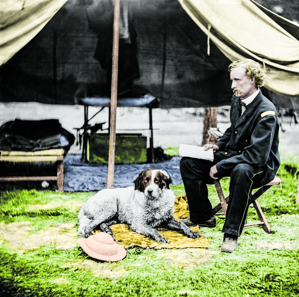 Lt. George Custer with dog, The Peninsular Campaign, May-August 1862. Colorization © 2009, civilwarincolor. com courtesy civilwarincolor.com/cwn. (Library of Congress) Gen.