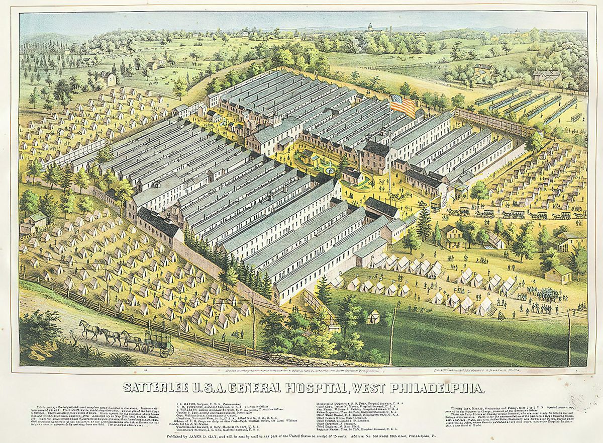 Lithograph of Satterlee Hospital, courtesy The Library Company of Philadelphia. By Charles Magnus, published by James D. Gay, Philadelphia. Retrieved from libwww.freelibrary.org/digital/item/38067.