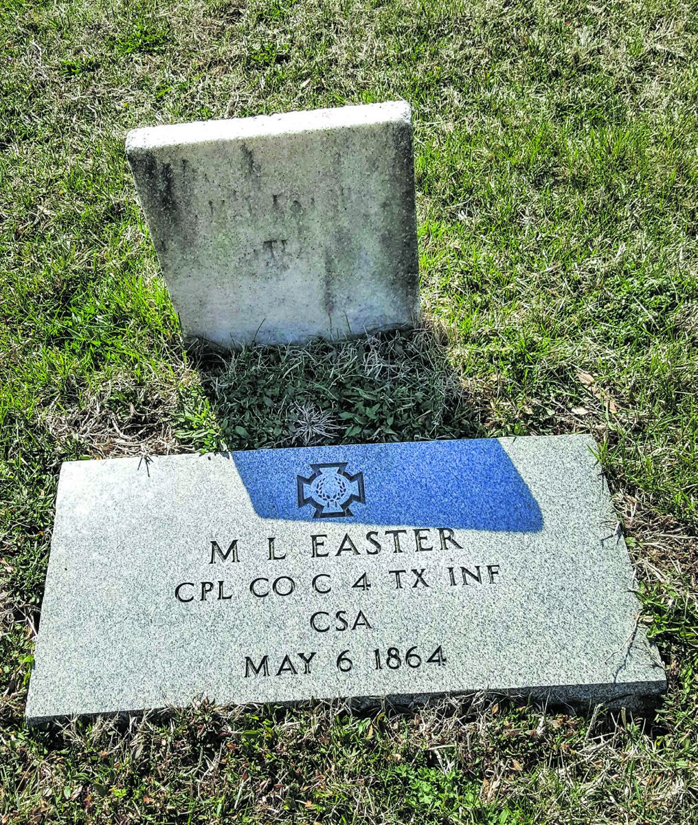 Newly installed marker for Corporal M. L. Easter, Company C, 4th Texas Infantry, who died on May 6, 1864.