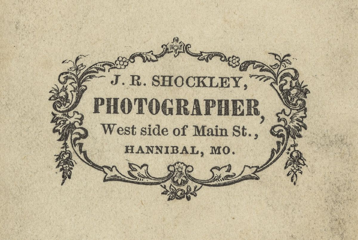 CDV Backmark reads: J. (John) R. Shockley, Photographer. West side of Main St., Hannibal, Mo. On a side note Tom Sawyer’s fence, where he persuaded his gang to pay him for the privilege of whitewashing, is located in Hannibal, Mo.