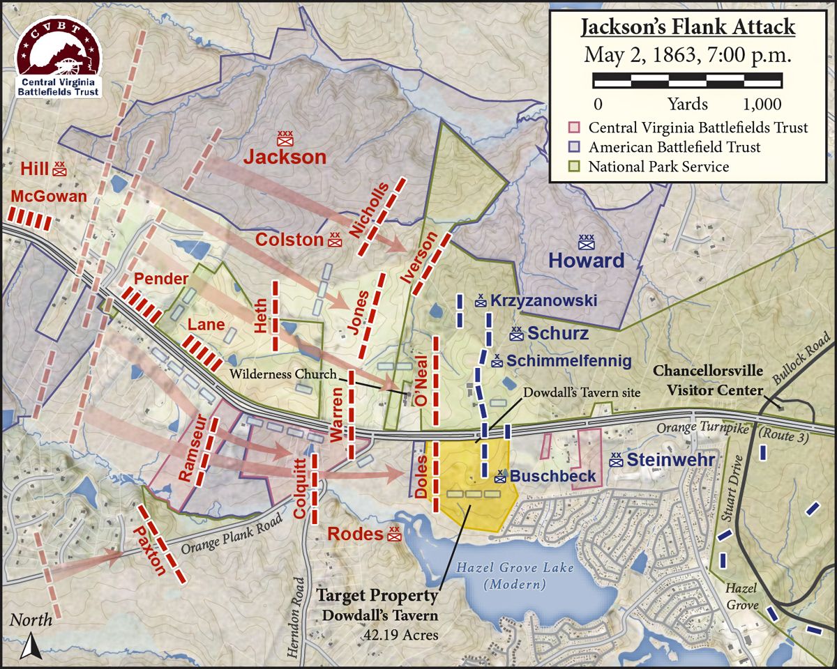 Map of Jackson’s Flank Attack on May 2, 1863. Dowdall’s Tavern site is located in the yellow shaded area.